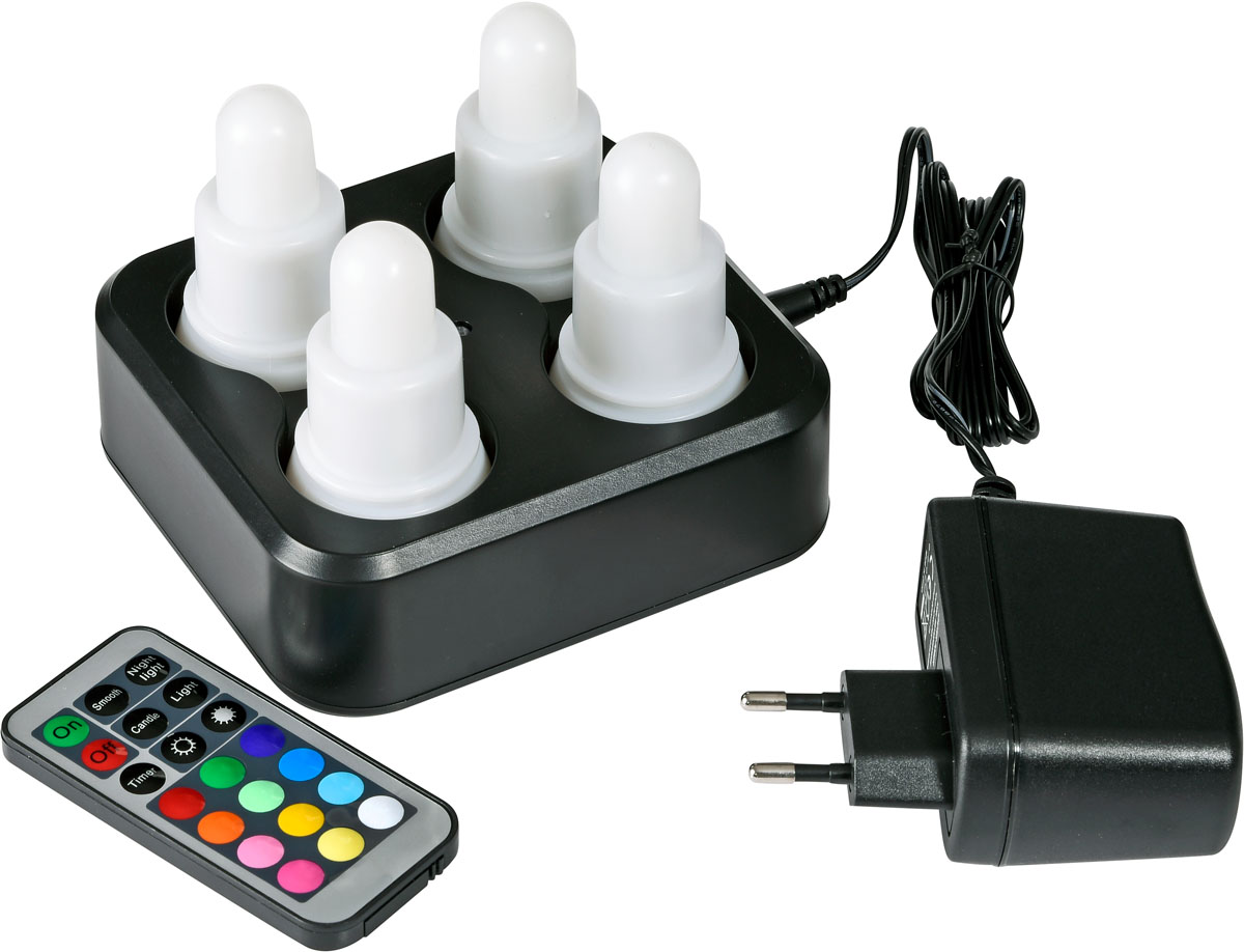 KIT 4 LEDS MULTICOLOR CON CARGADOR, ADAPTADOR Y TELEMANDO DUNI 4X7CM *****206436*****