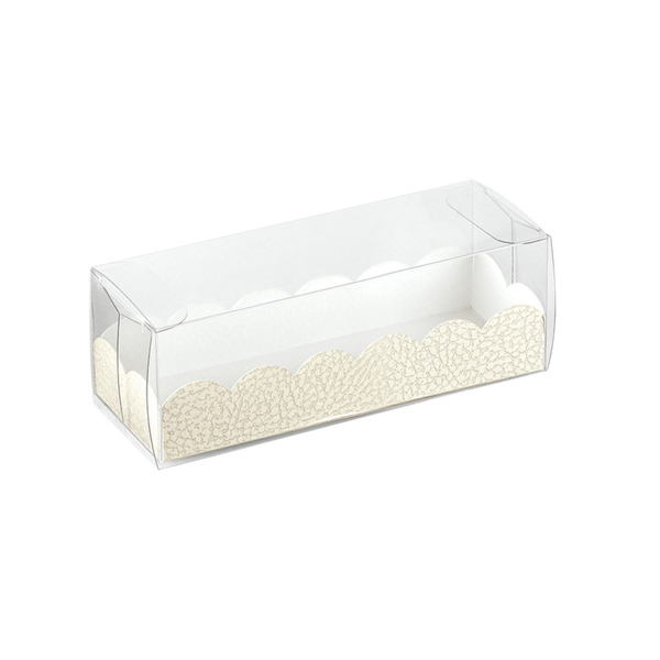 CAJA MACARONS CON BASE CARTULINA TRANSPARENTE PVC 16X5X5CM CJ 200UD